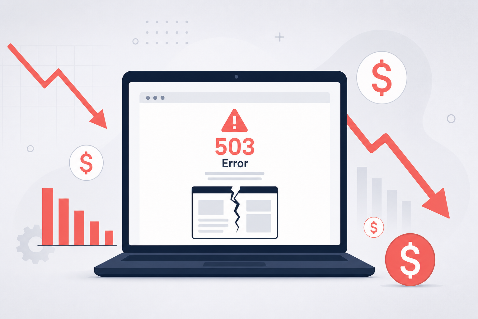 Broken website screen with dollar signs representing lost revenue from downtime