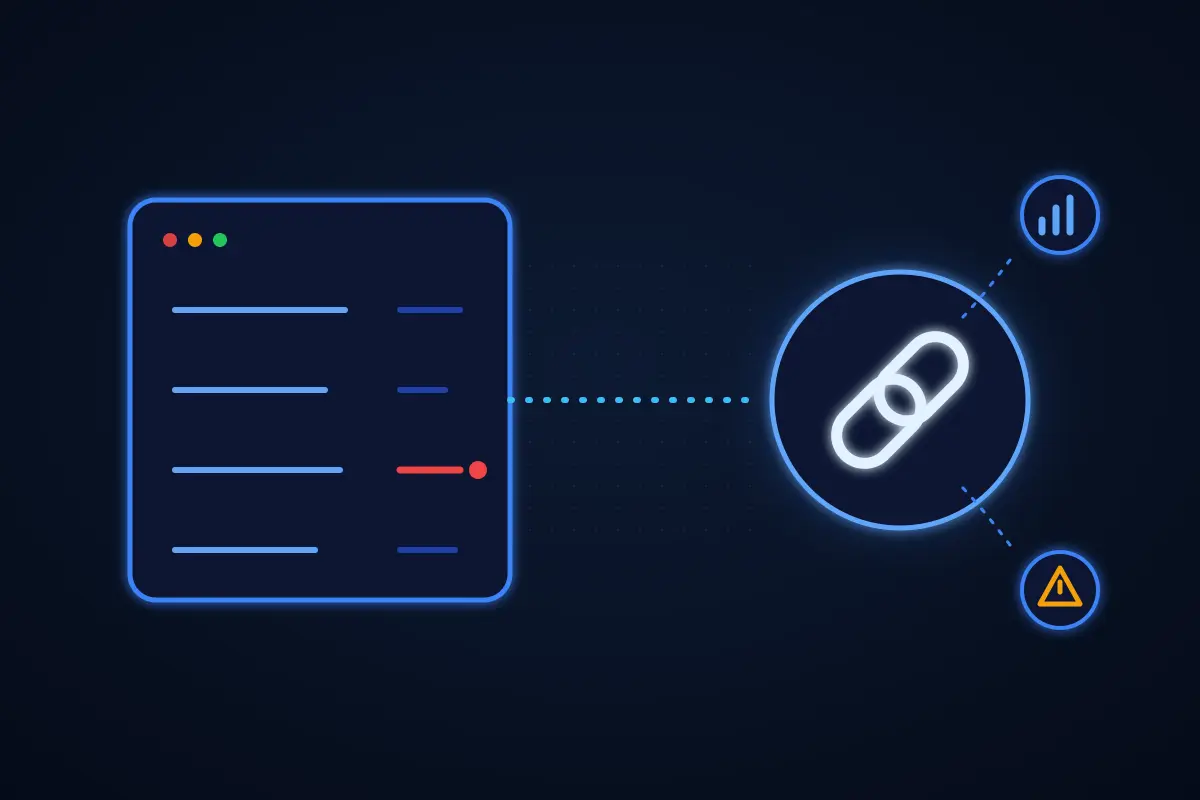 List of links with one flagged red, connected to a chain-link icon with analytics and warning badges